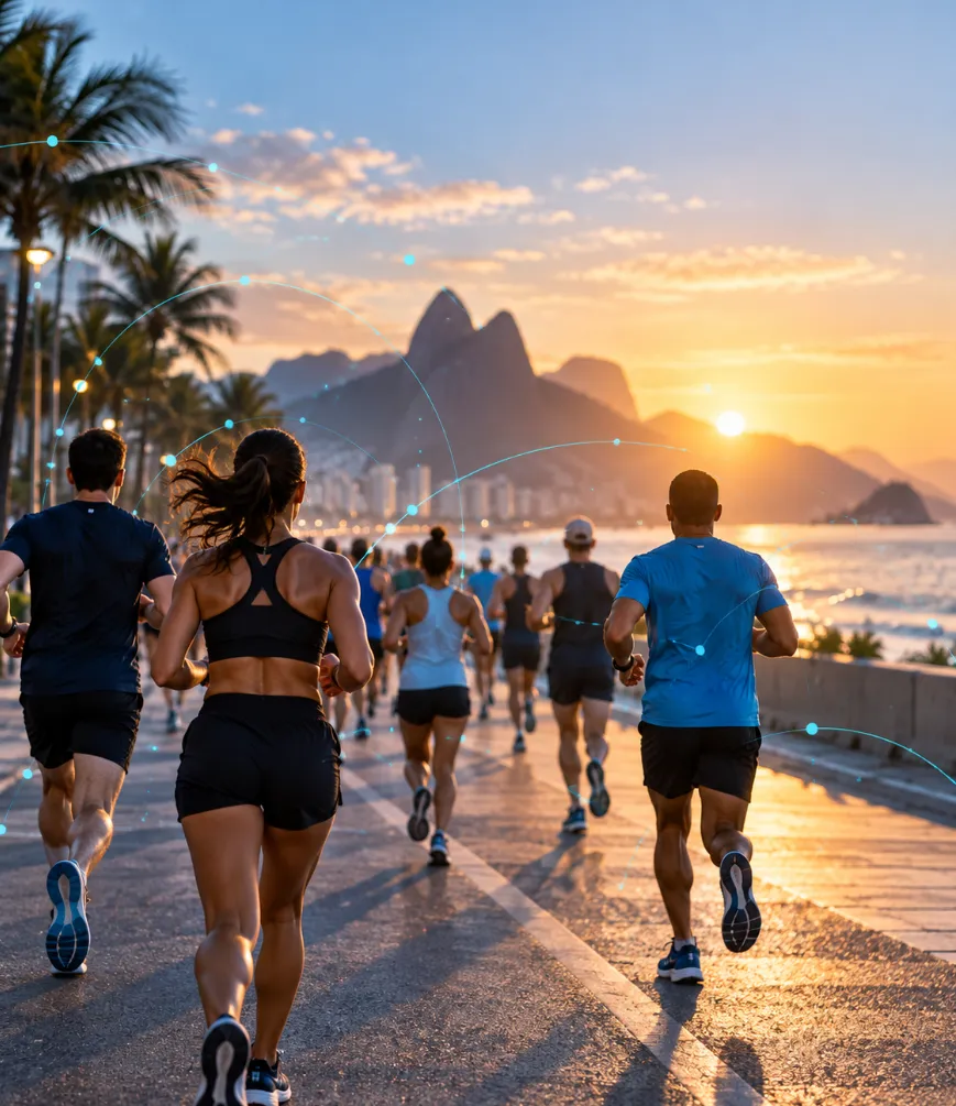 Corredores na orla do Rio ao pôr do sol, com linhas de conexão sobrepostas